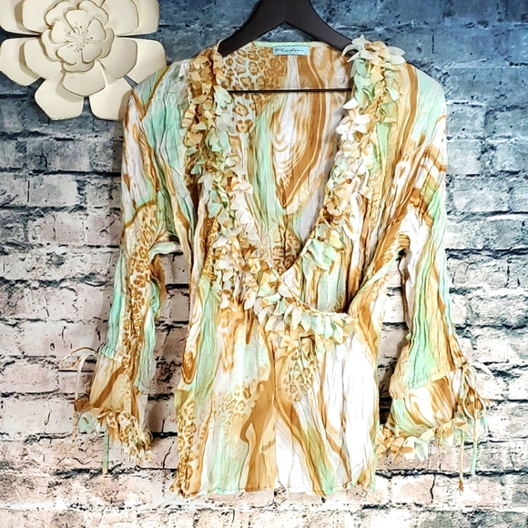 Violin | Gypsy Boho Prairiecore Abstract Print Crinkle Texture Faux Wrap Top - Picture 1 of 10